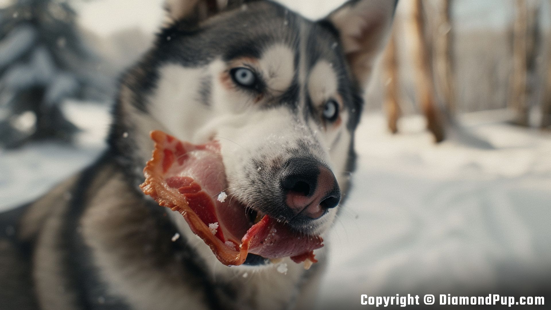 Picture of a Cute Husky Eating Bacon