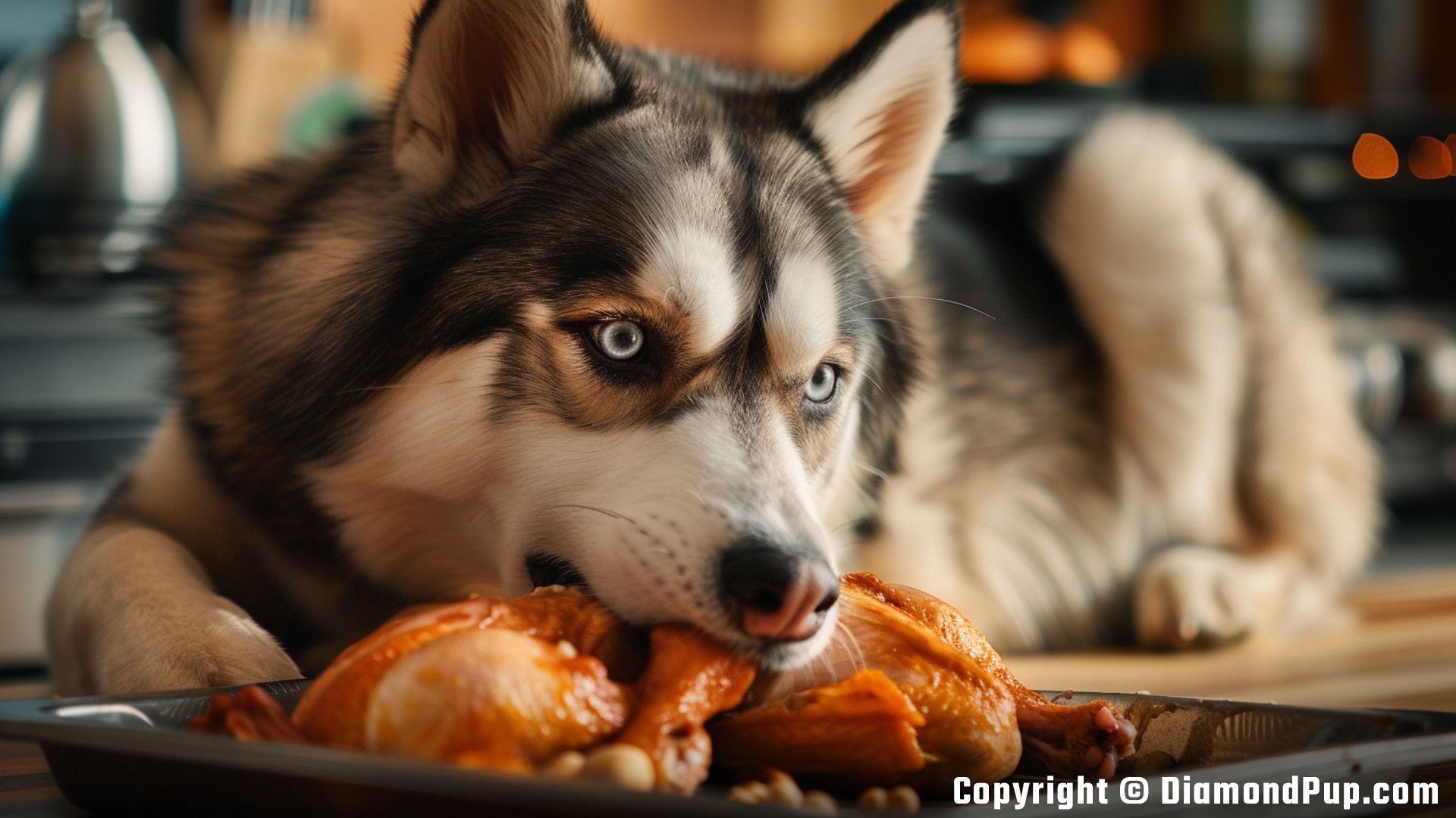Picture of a Cute Husky Snacking on Chicken