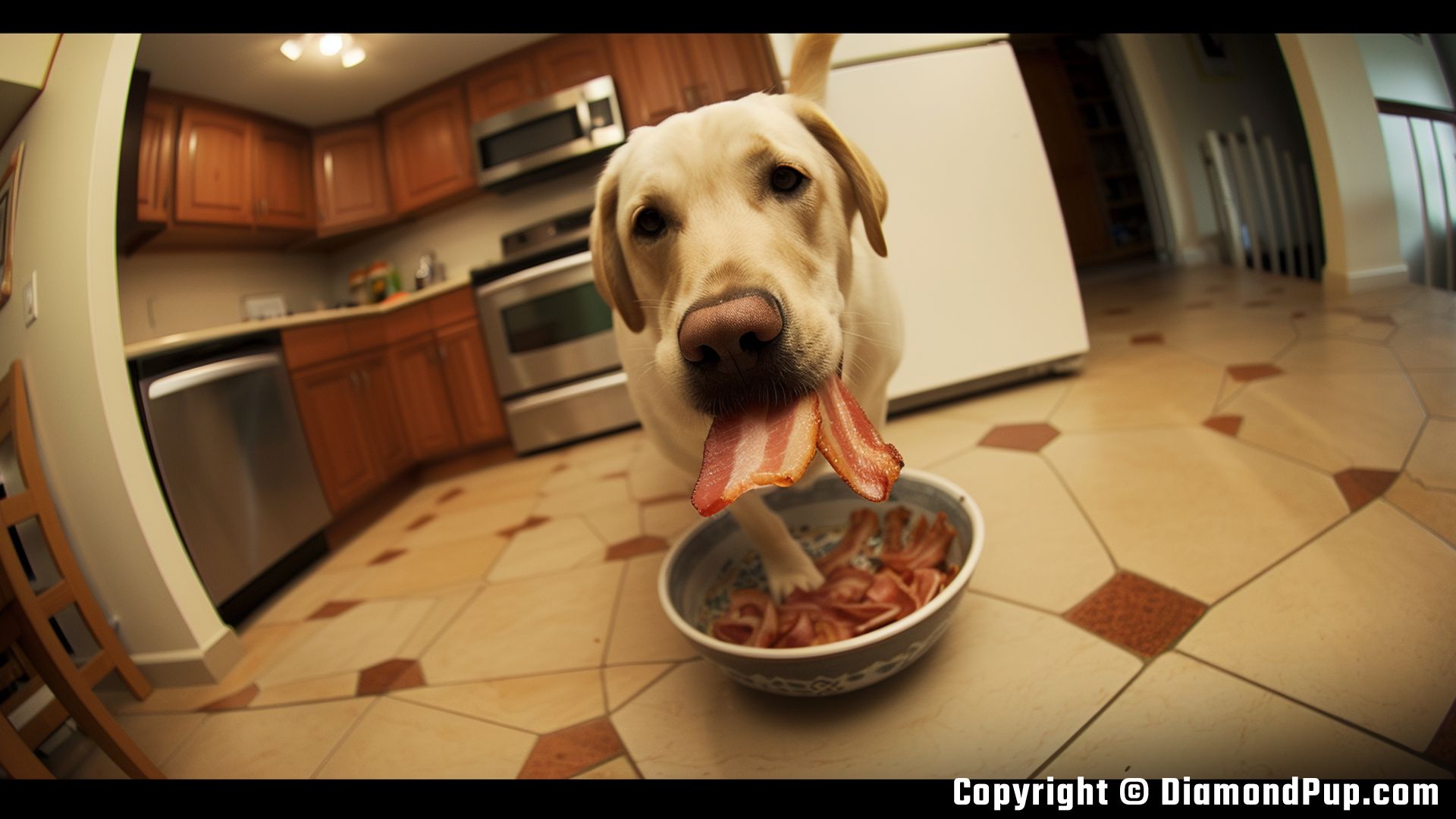 Picture of a Cute Labrador Snacking on Bacon