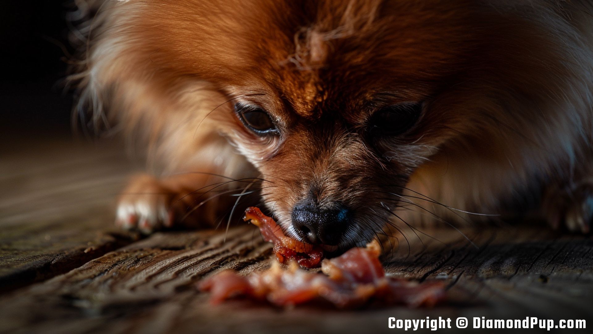 Picture of a Cute Pomeranian Eating Bacon