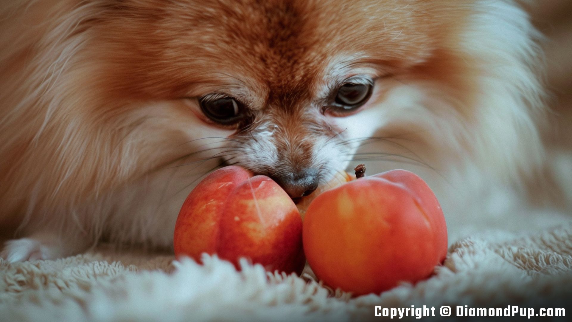 Picture of a Cute Pomeranian Eating Peaches