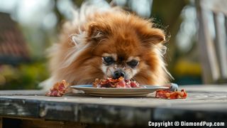 Picture of a Cute Pomeranian Snacking on Bacon