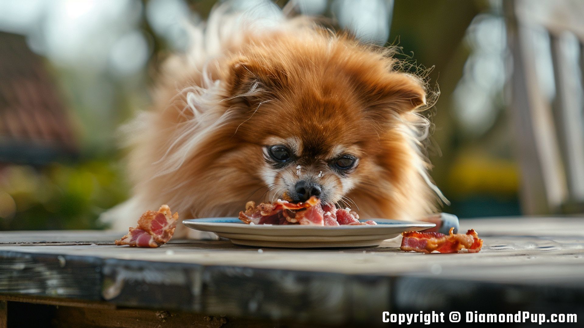 Picture of a Cute Pomeranian Snacking on Bacon