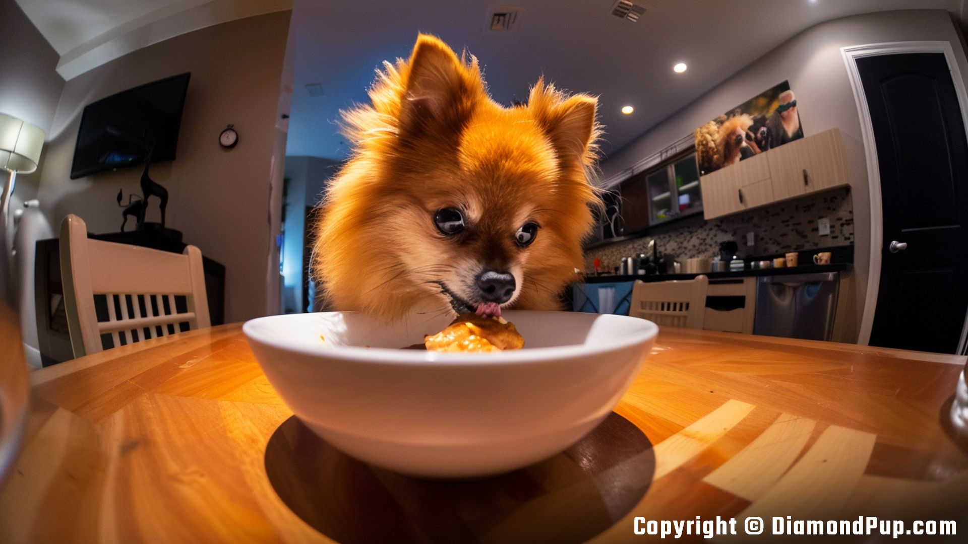 Picture of a Cute Pomeranian Snacking on Chicken