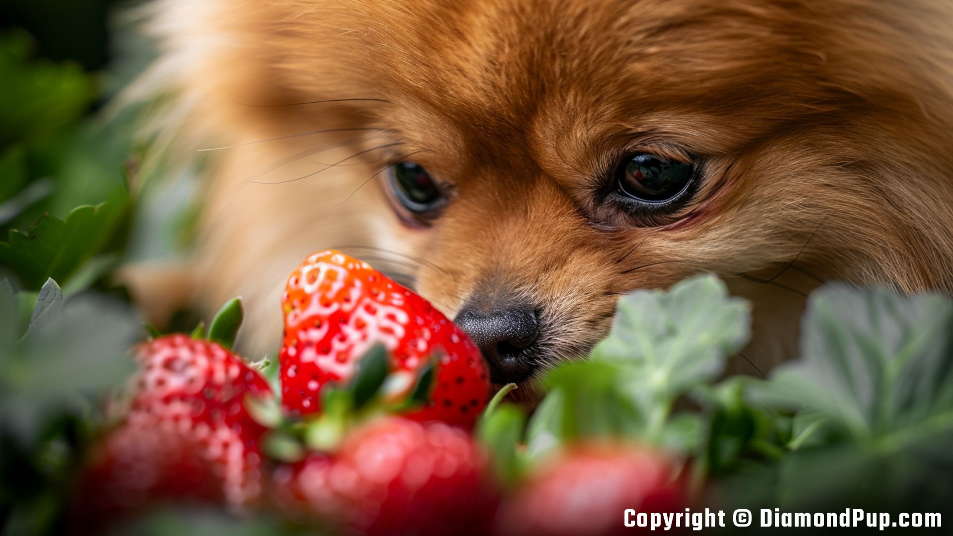 Picture of a Cute Pomeranian Snacking on Strawberries