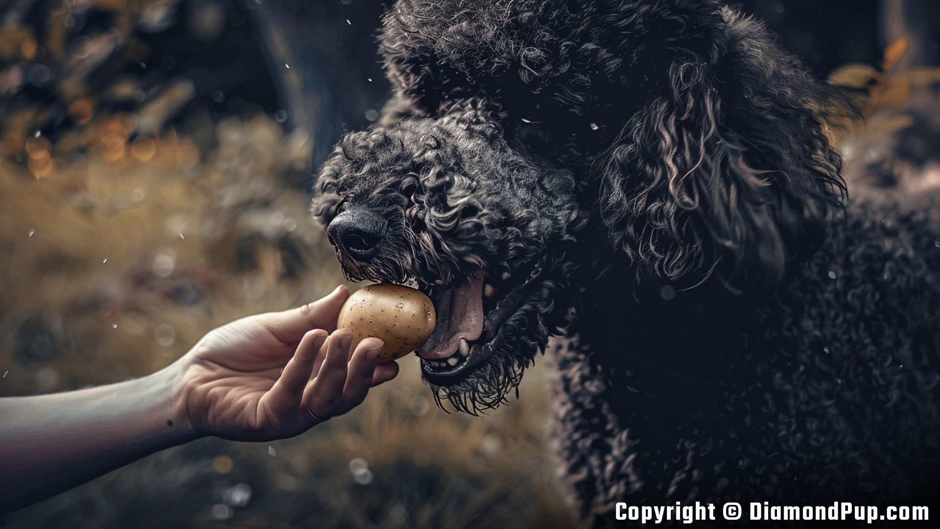 Picture of a Cute Poodle Snacking on Potato