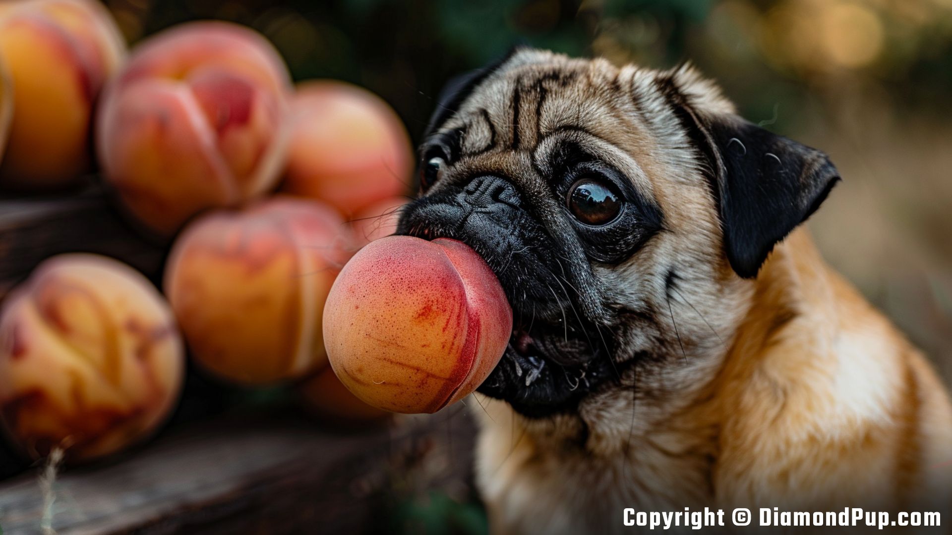 Picture of a Cute Pug Eating Peaches