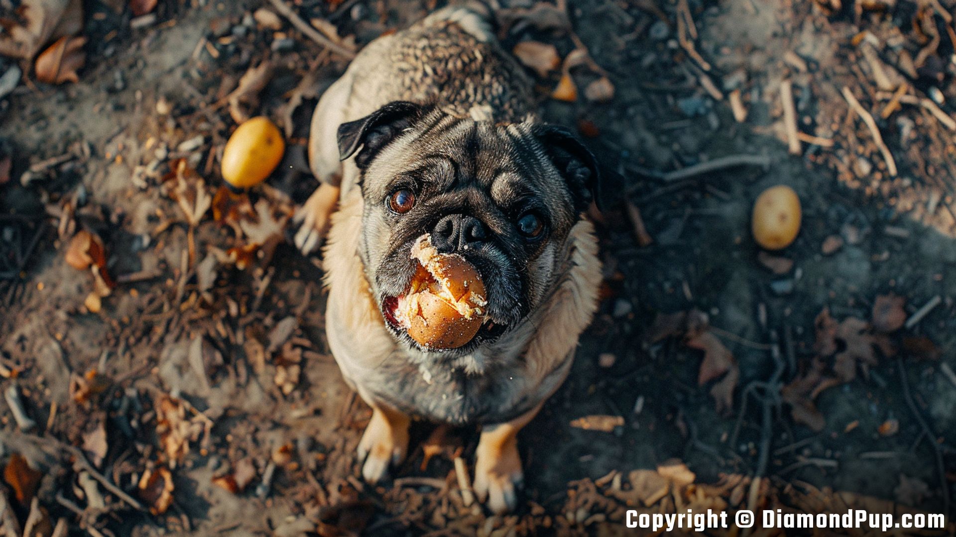Picture of a Cute Pug Eating Potato