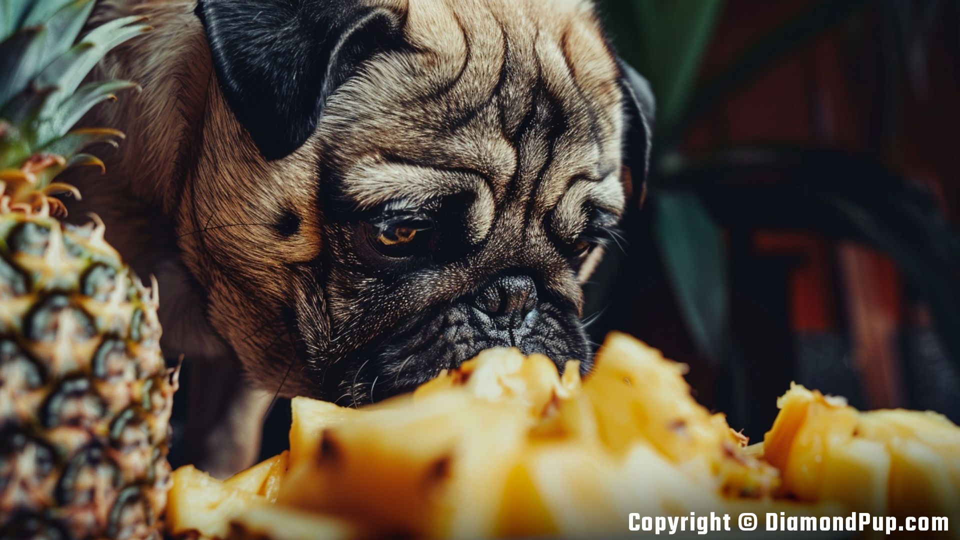 Picture of a Cute Pug Snacking on Pineapple