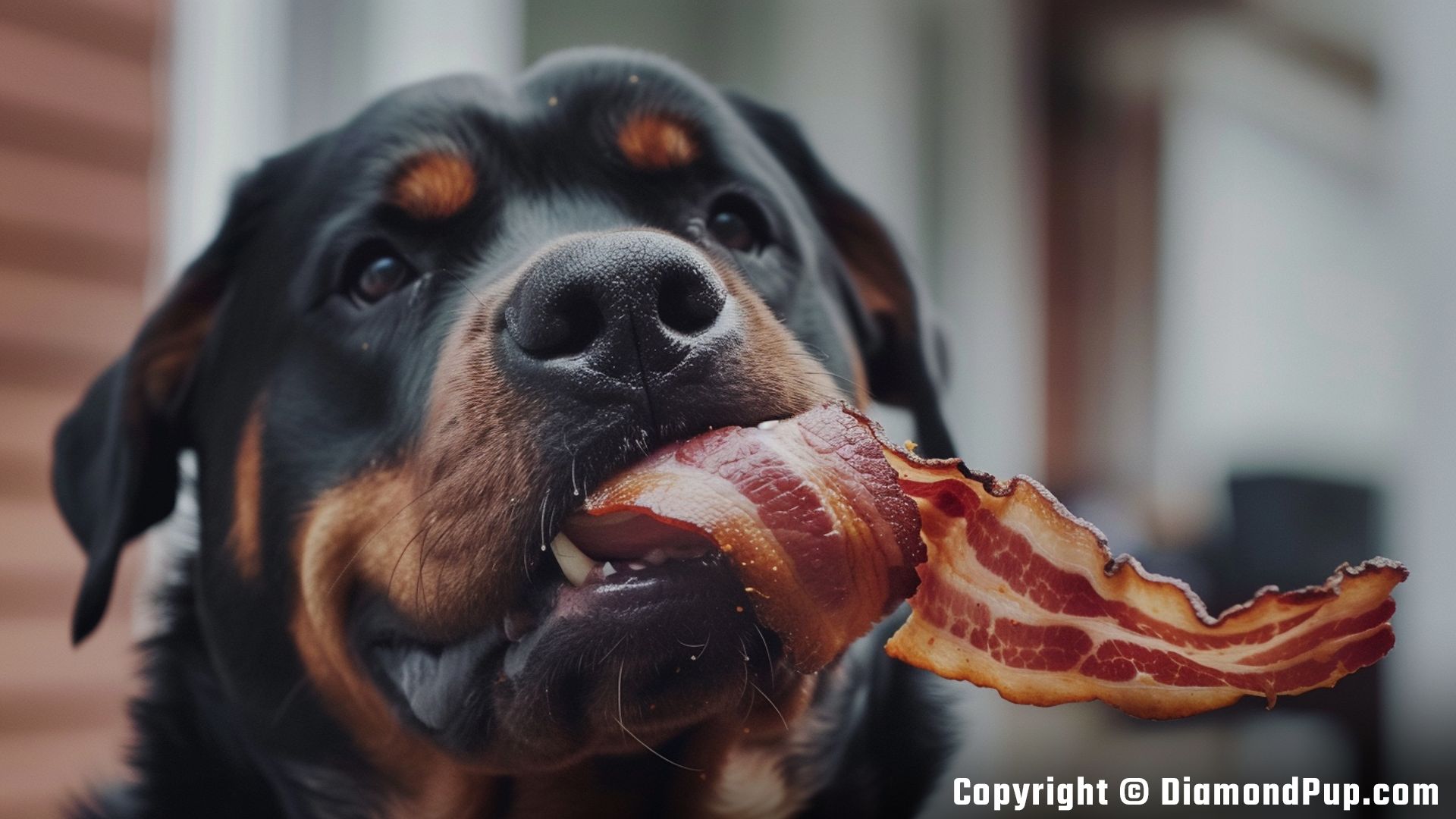 Picture of a Cute Rottweiler Eating Bacon