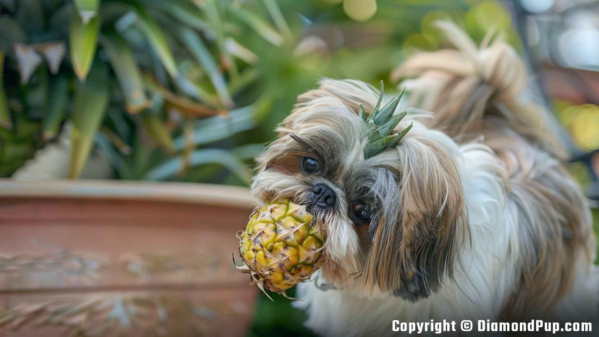 Picture of a Cute Shih Tzu Eating Pineapple