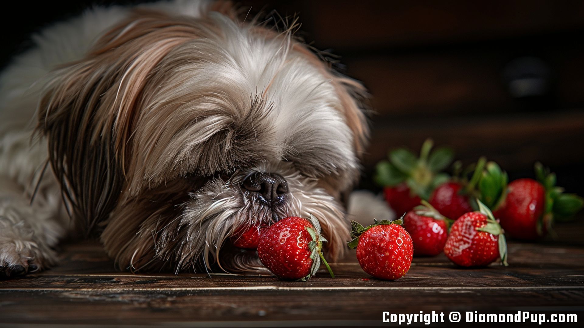 Picture of a Cute Shih Tzu Eating Strawberries