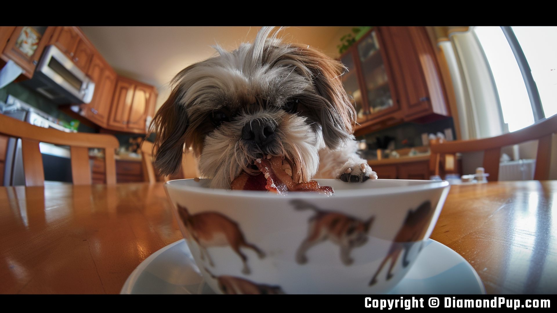 Picture of a Cute Shih Tzu Snacking on Bacon