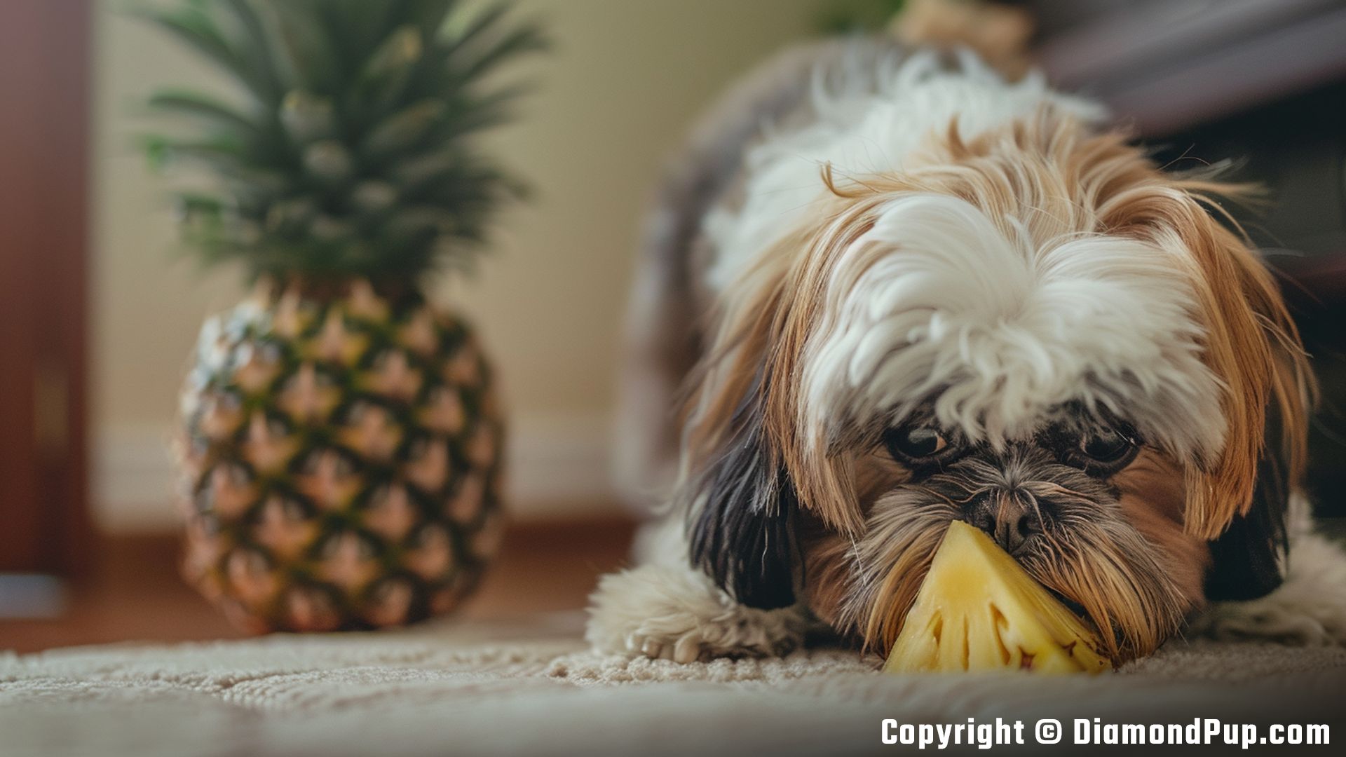 Picture of a Cute Shih Tzu Snacking on Pineapple