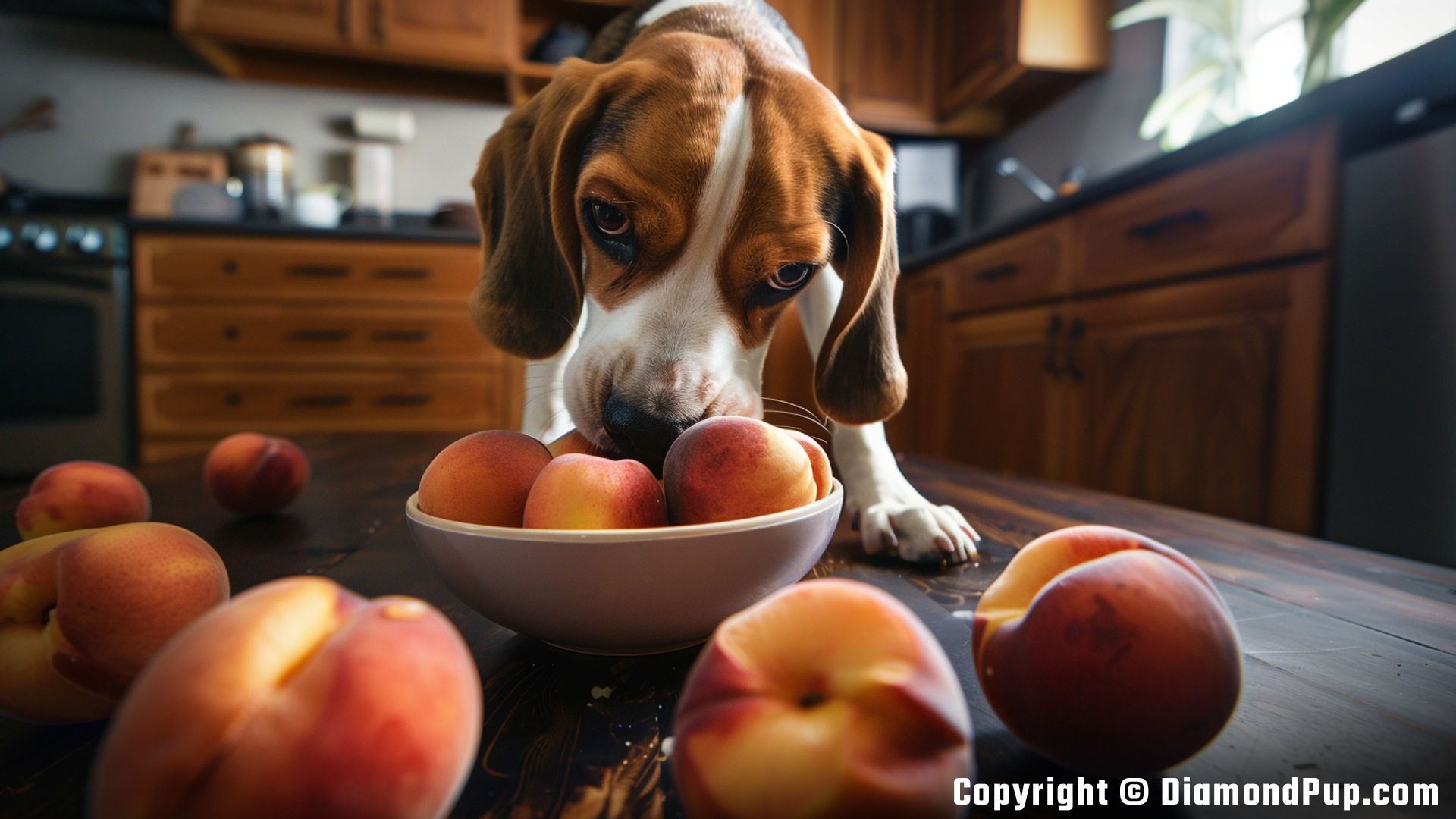 Picture of a Happy Beagle Eating Peaches