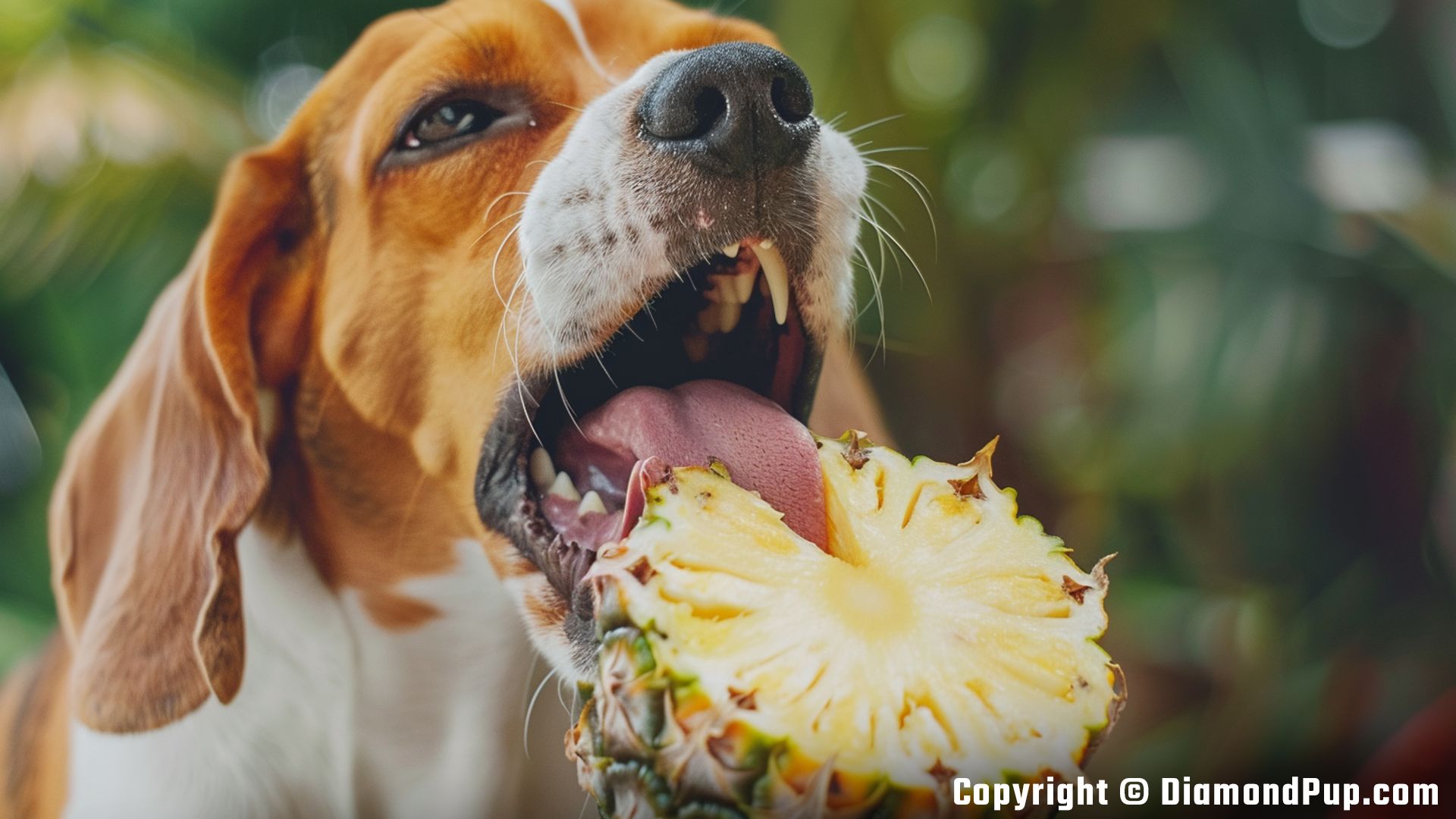 Picture of a Happy Beagle Snacking on Pineapple