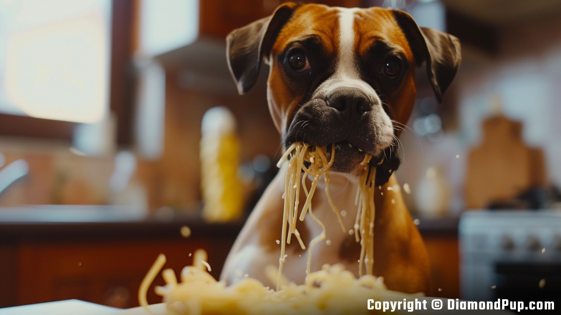 Picture of a Happy Boxer Eating Pasta