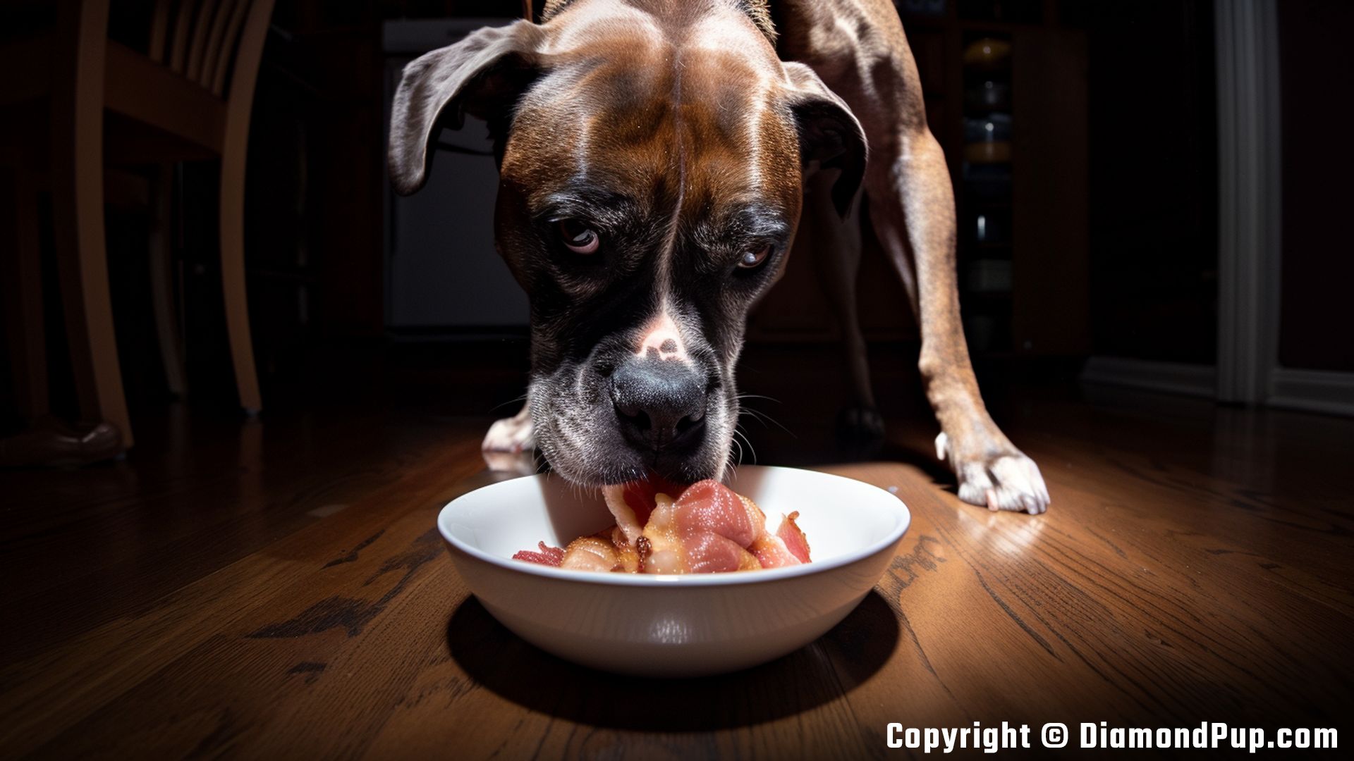 Picture of a Happy Boxer Snacking on Bacon