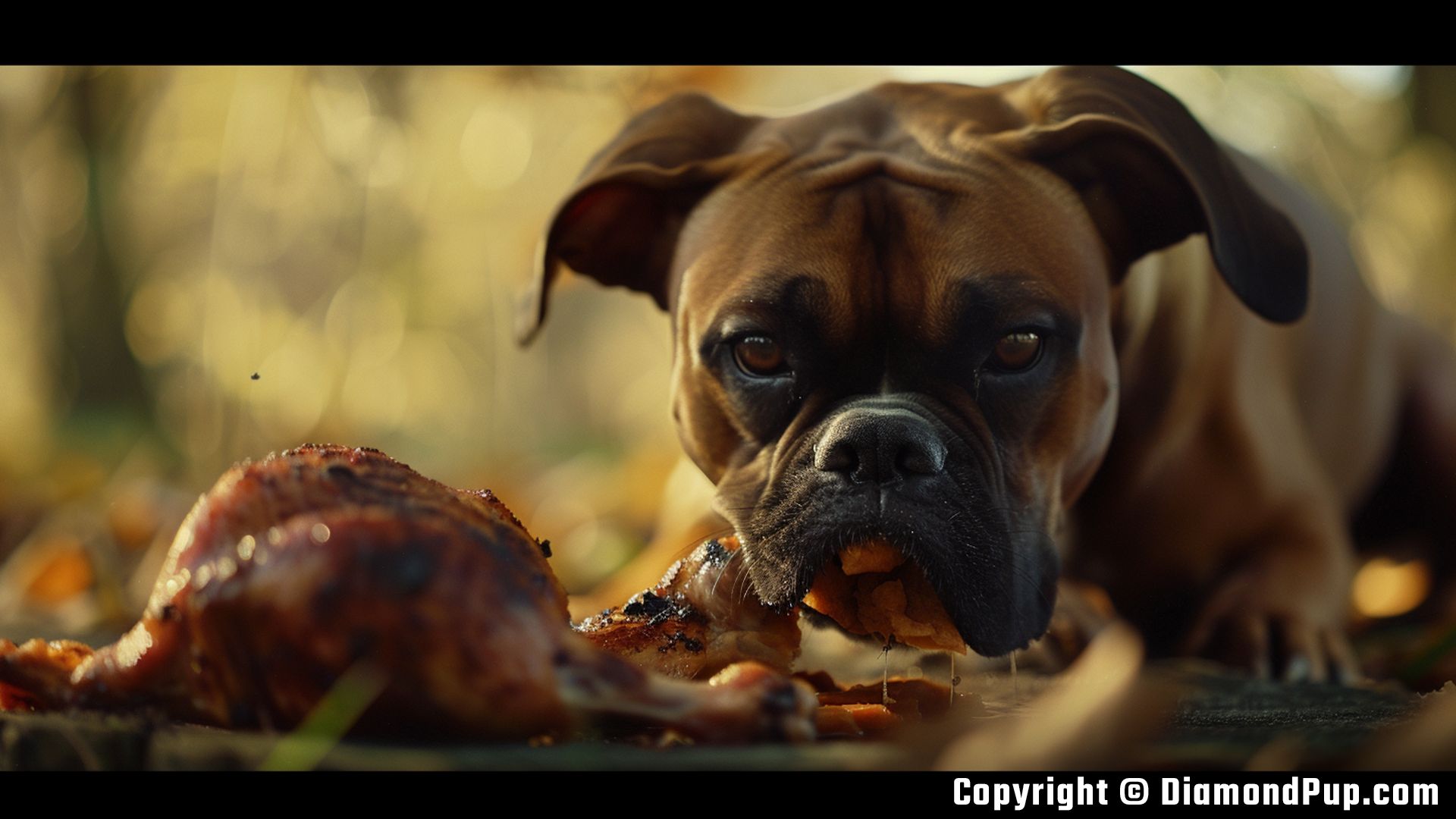 Picture of a Happy Boxer Snacking on Chicken