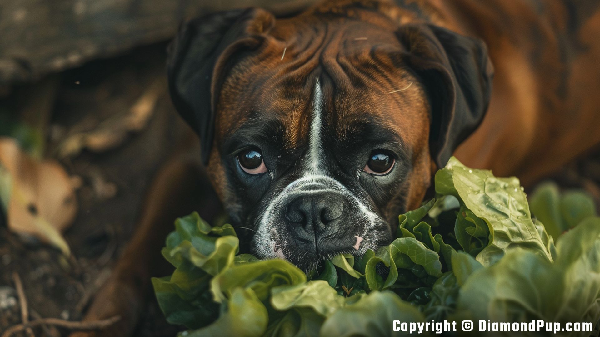 Picture of a Happy Boxer Snacking on Lettuce