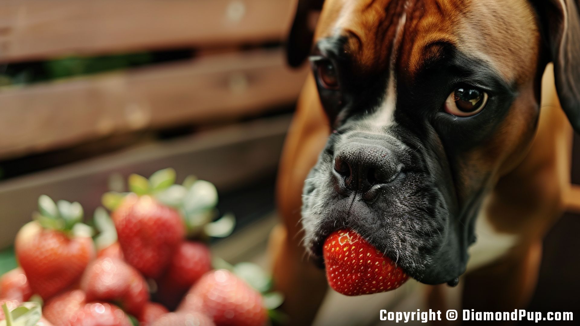 Picture of a Happy Boxer Snacking on Strawberries