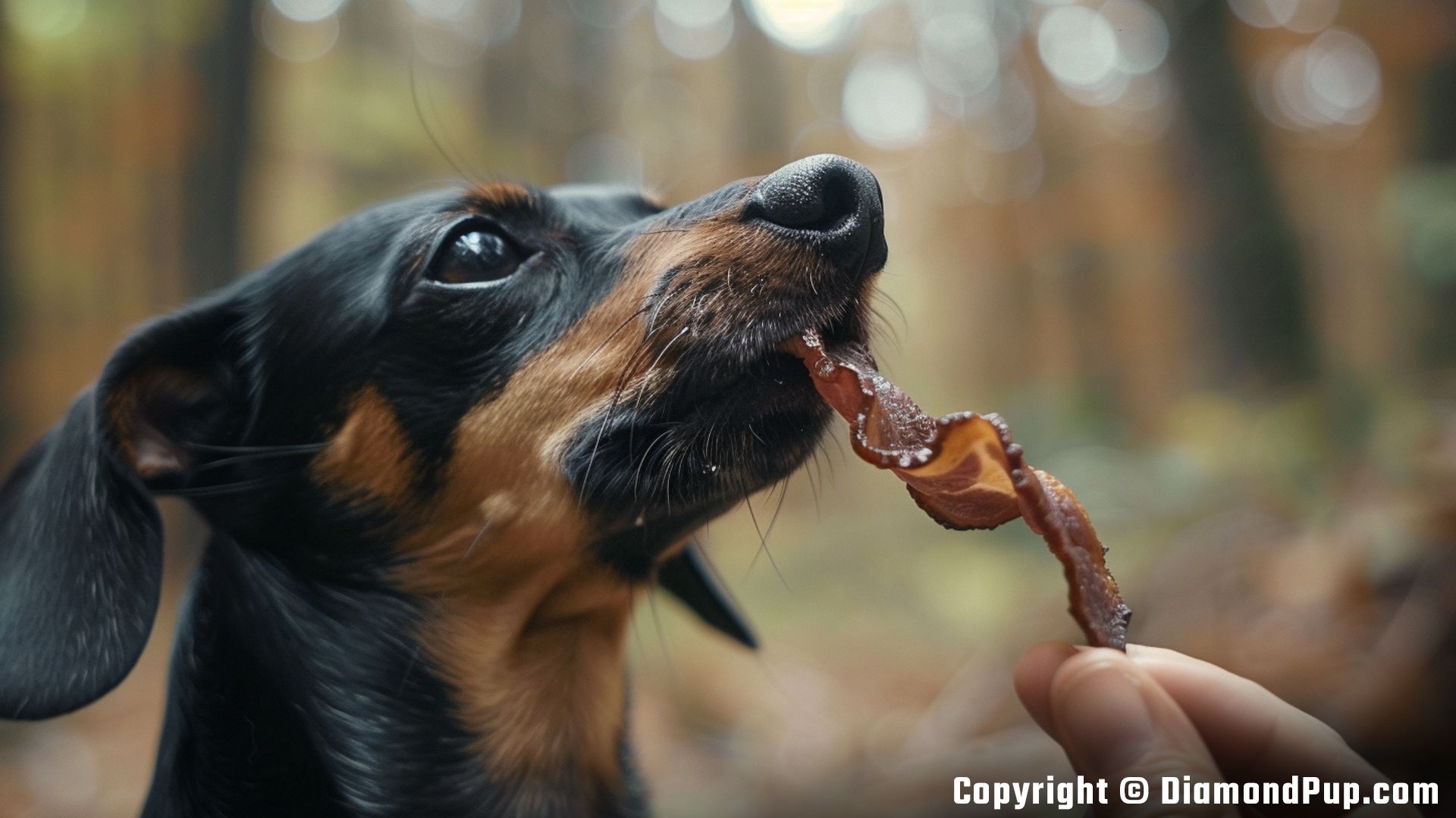 Picture of a Happy Dachshund Eating Bacon