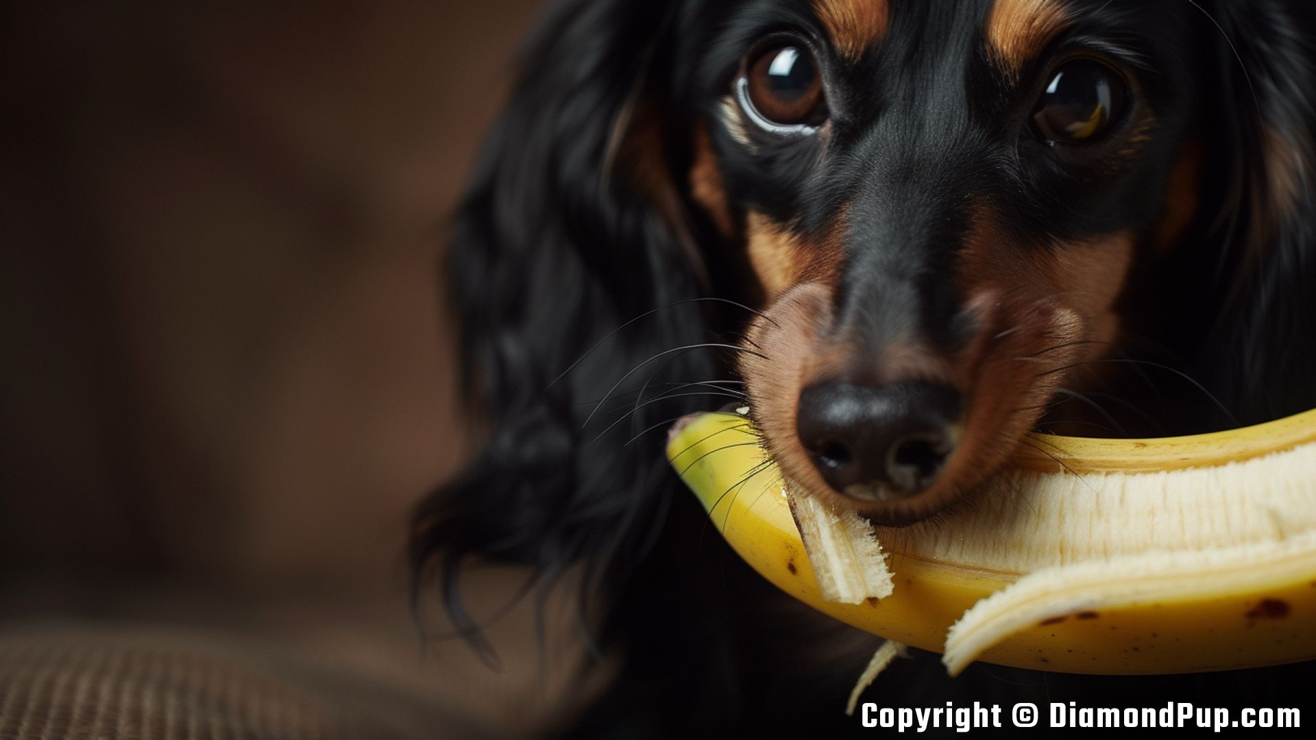 Picture of a Happy Dachshund Eating Banana