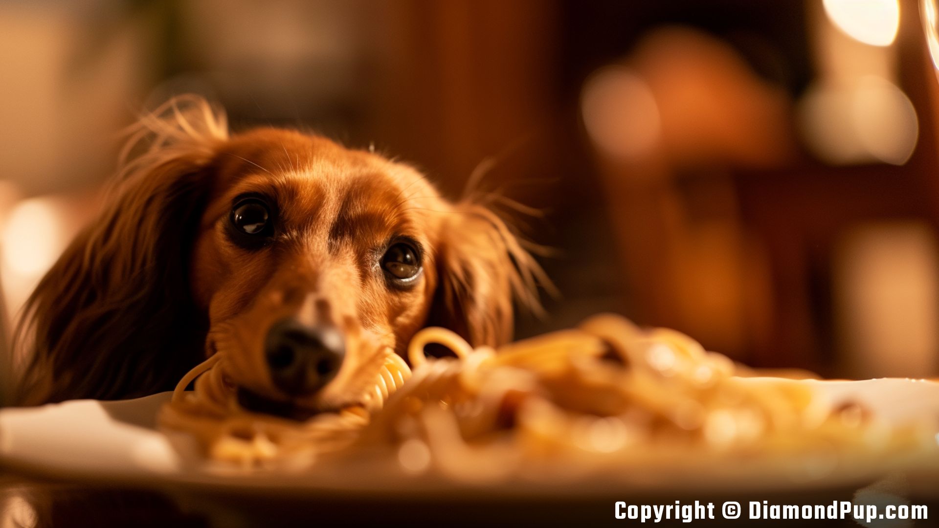 Picture of a Happy Dachshund Eating Pasta