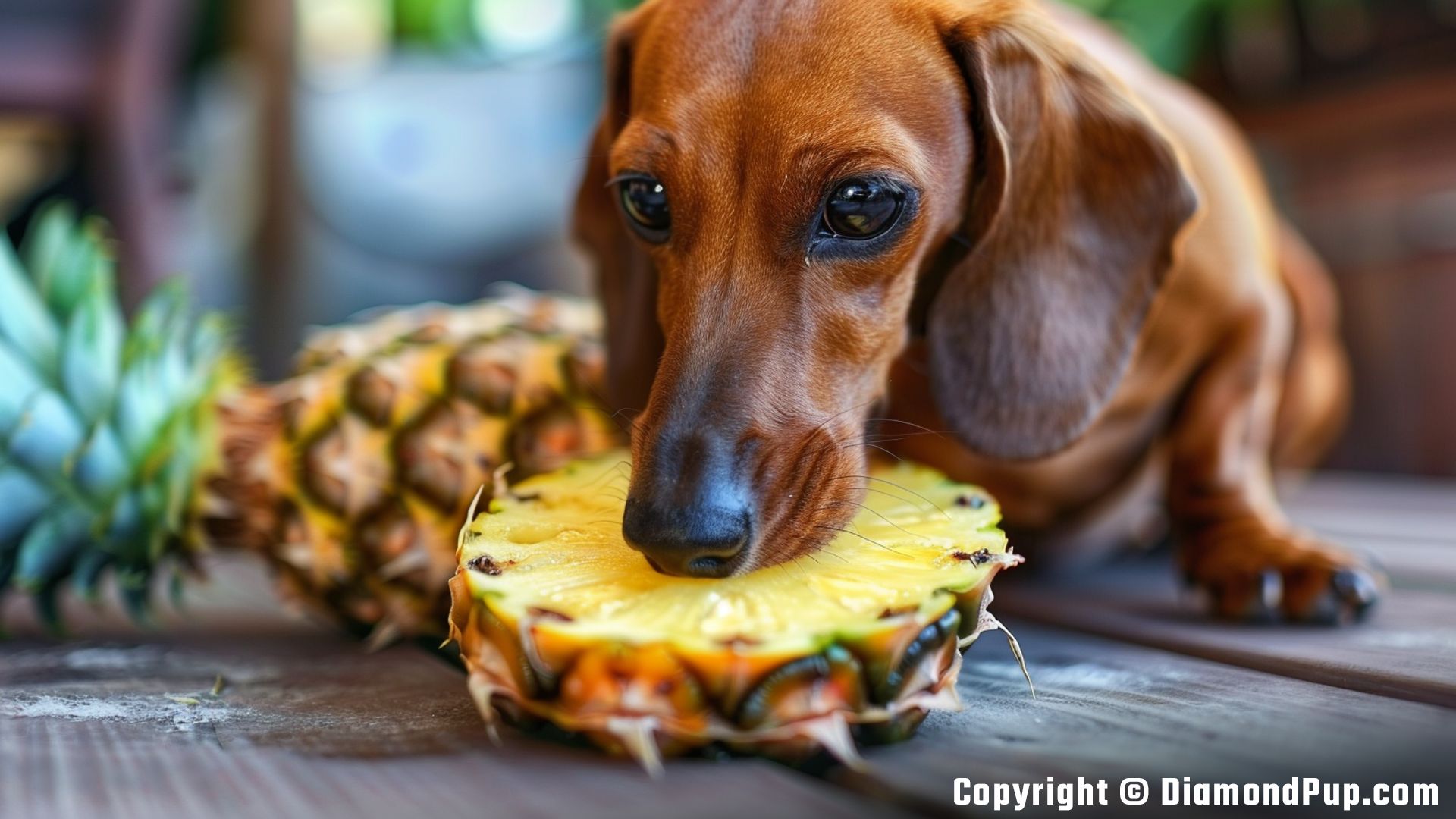 Picture of a Happy Dachshund Eating Pineapple