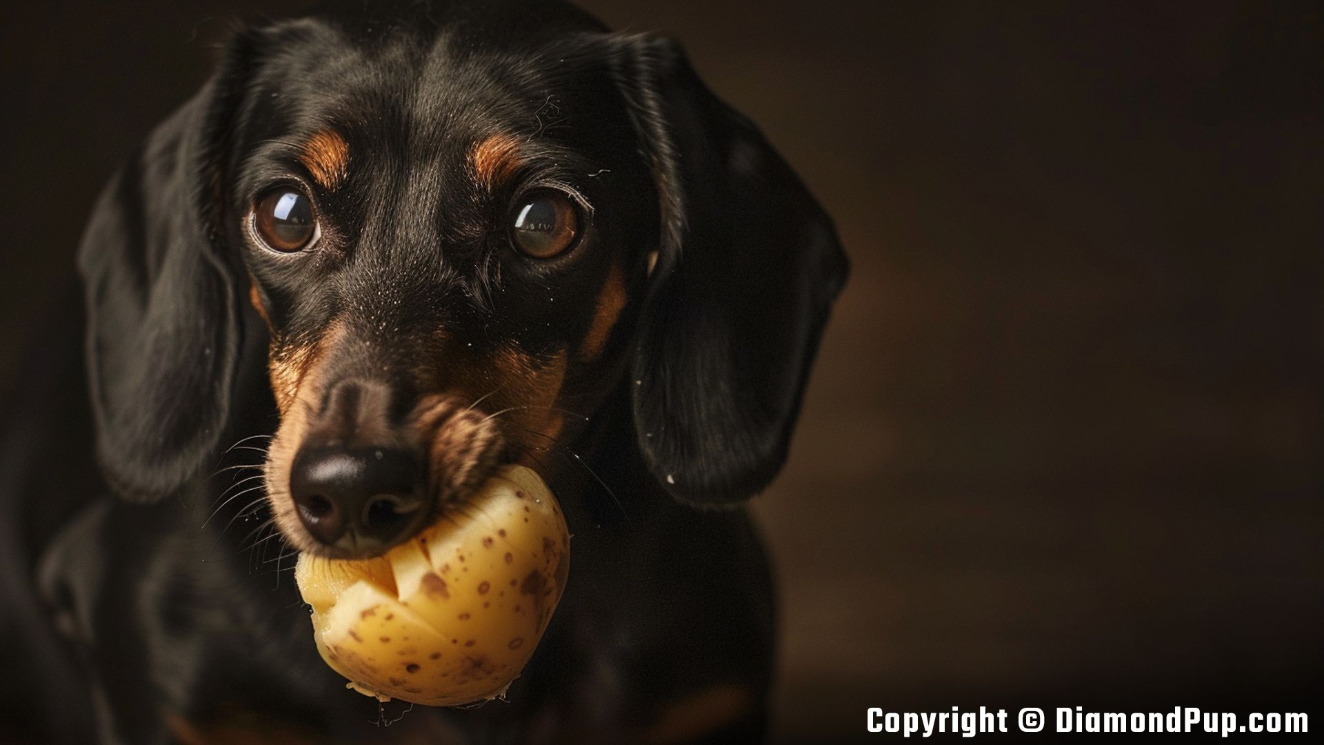 Picture of a Happy Dachshund Eating Potato