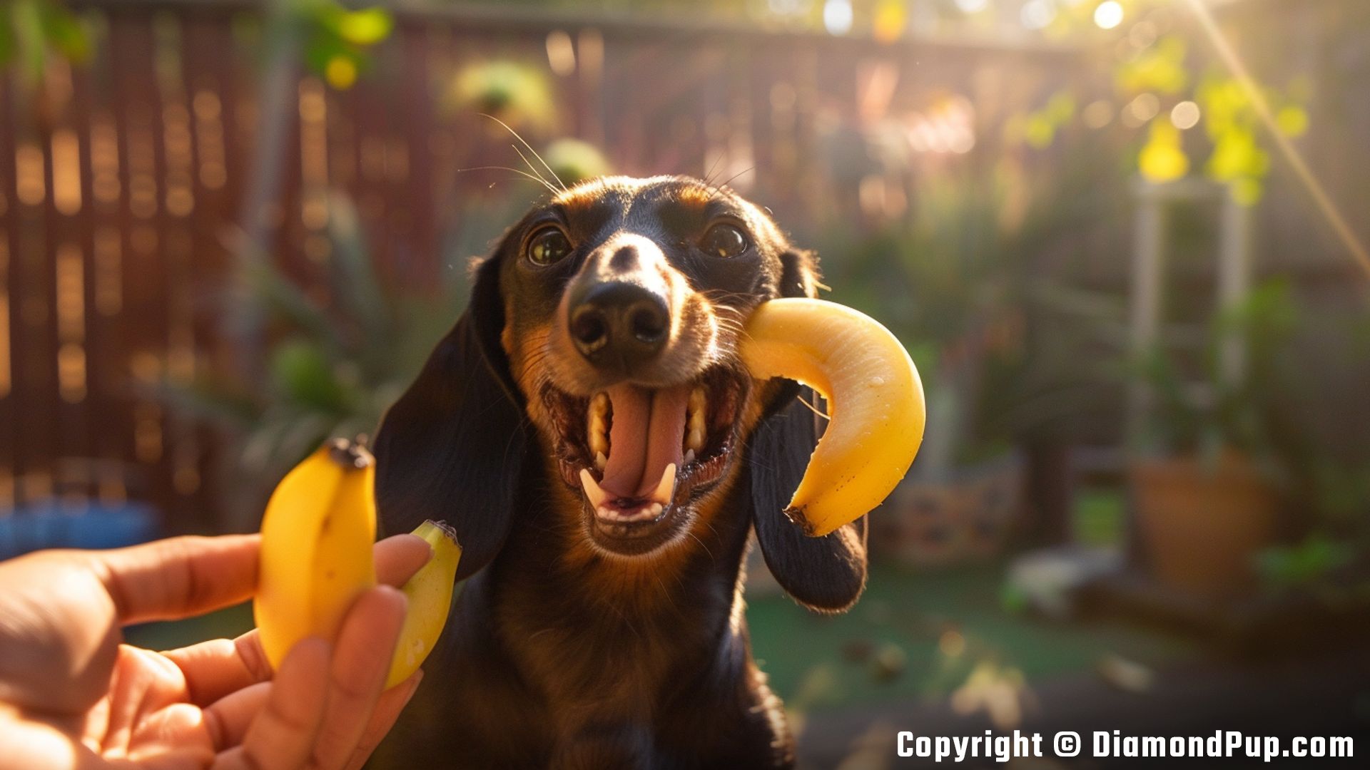 Picture of a Happy Dachshund Snacking on Banana