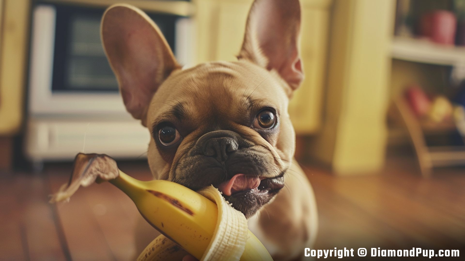 Picture of a Happy French Bulldog Eating Banana