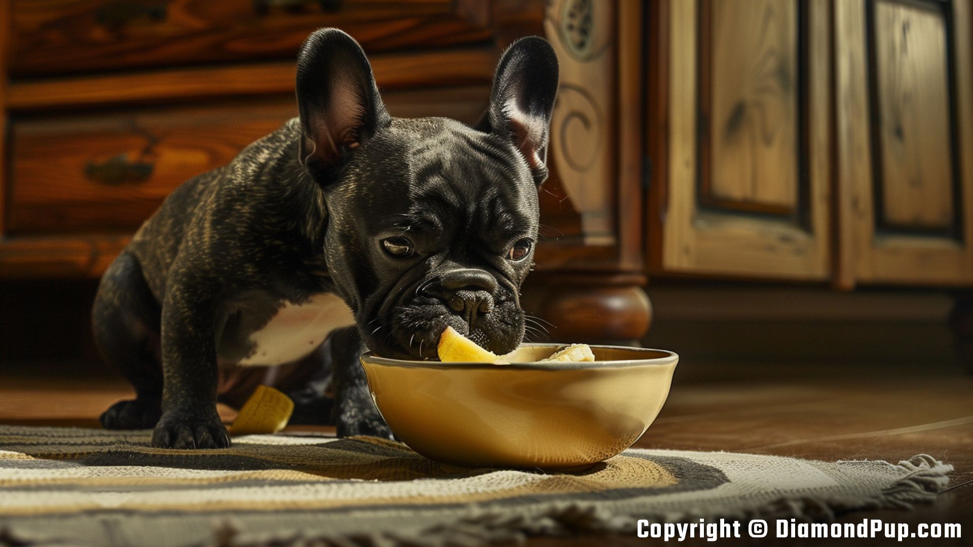 Picture of a Happy French Bulldog Snacking on Banana