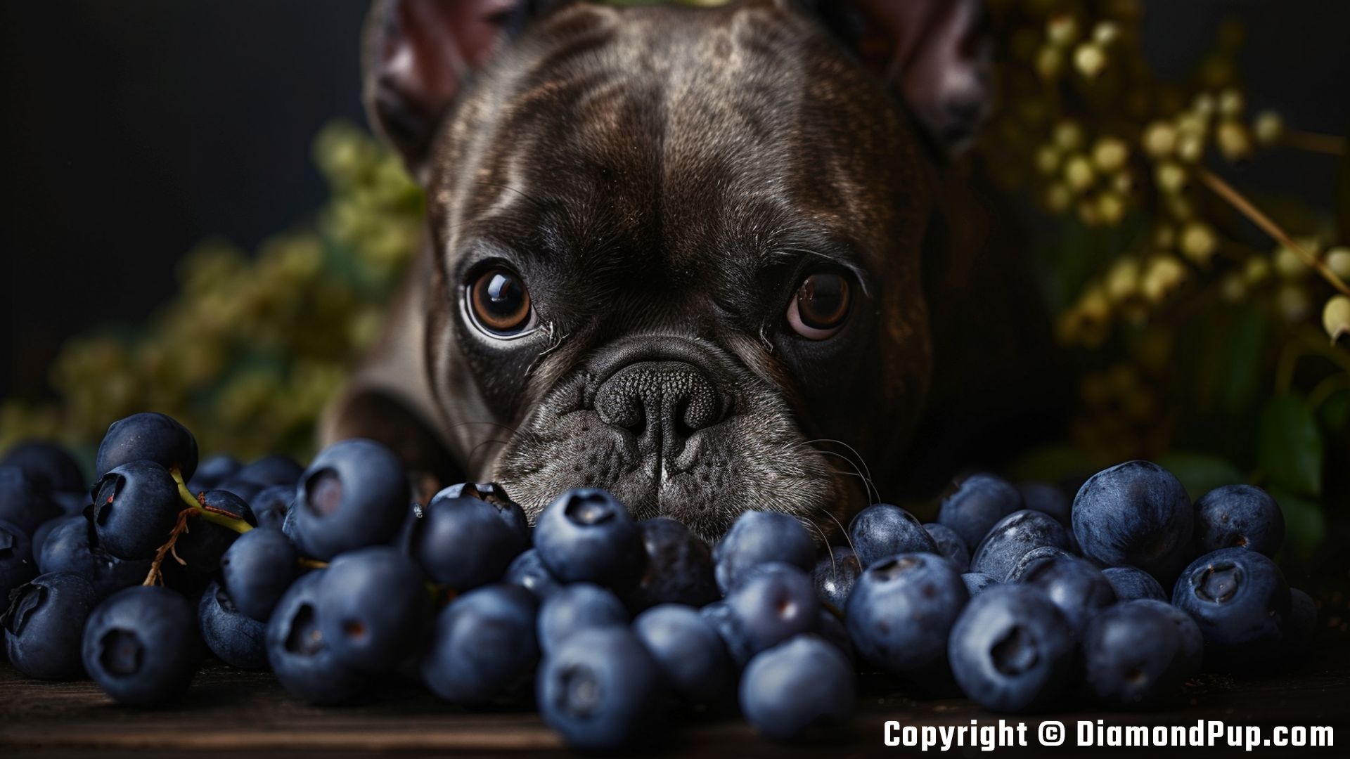 Picture of a Happy French Bulldog Snacking on Blueberries