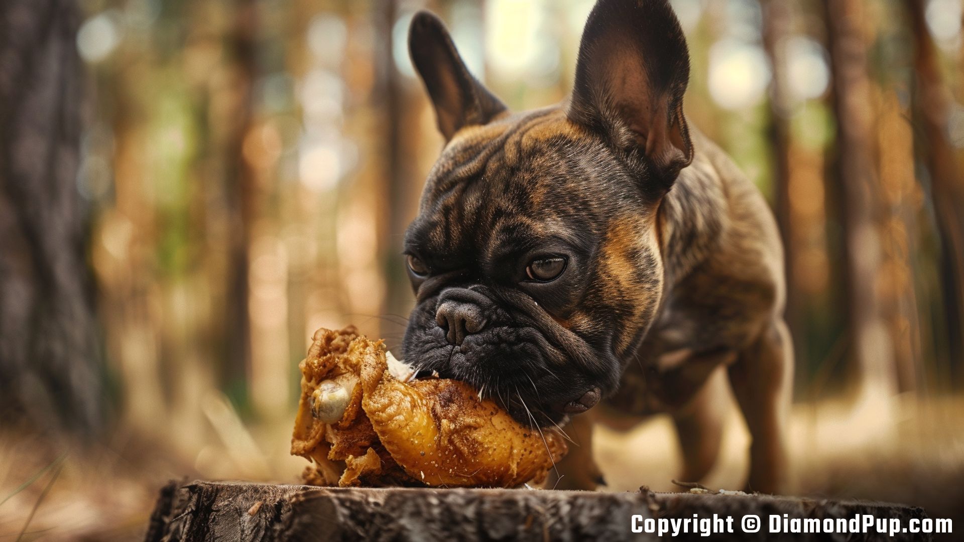 Picture of a Happy French Bulldog Snacking on Chicken