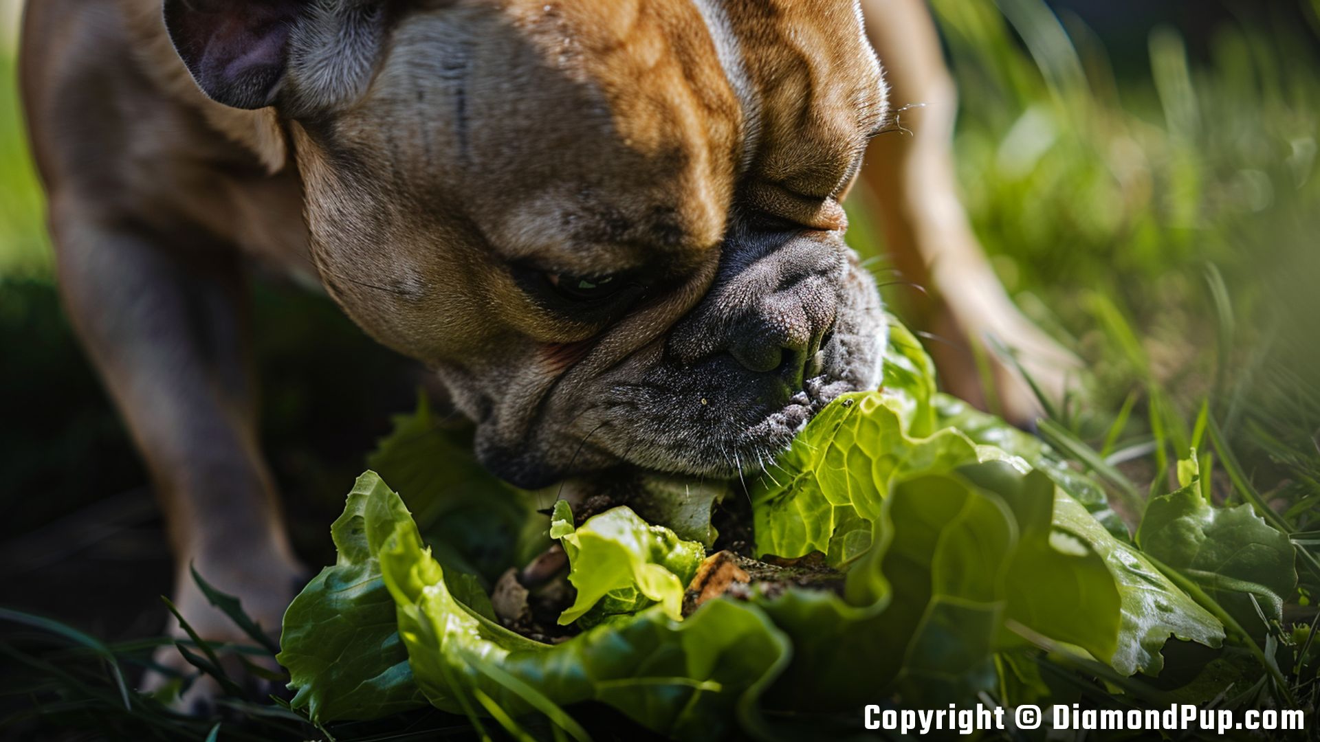 Picture of a Happy French Bulldog Snacking on Lettuce