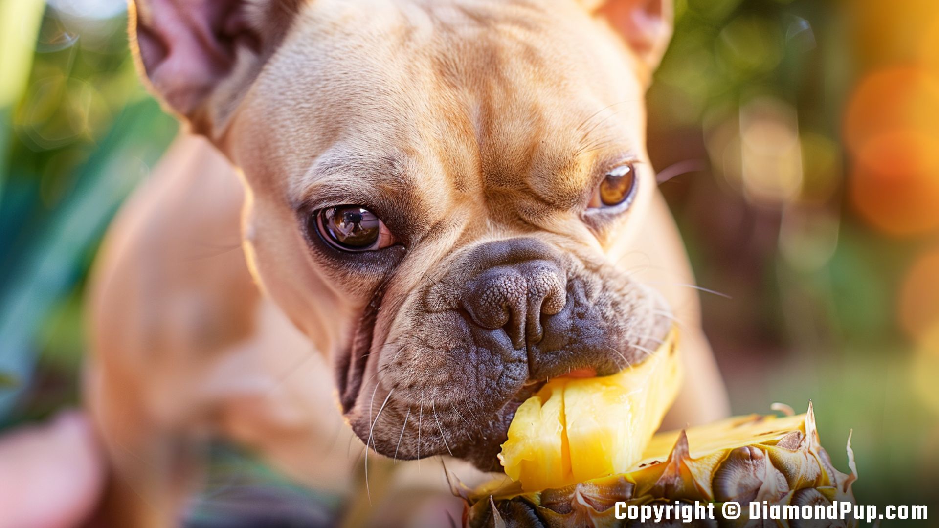 Picture of a Happy French Bulldog Snacking on Pineapple