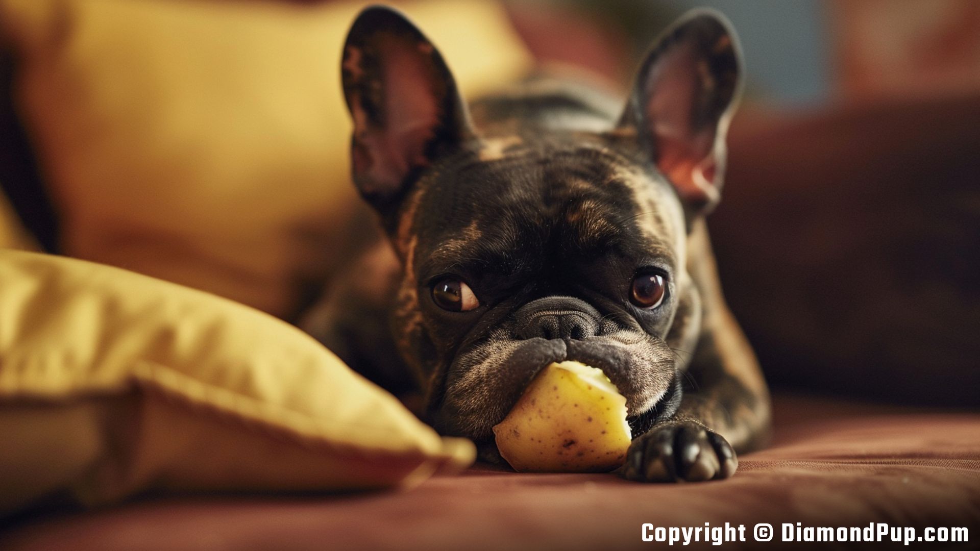 Picture of a Happy French Bulldog Snacking on Potato