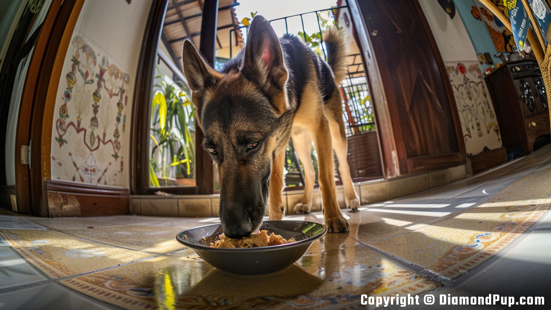 Picture of a Happy German Shepherd Eating Chicken