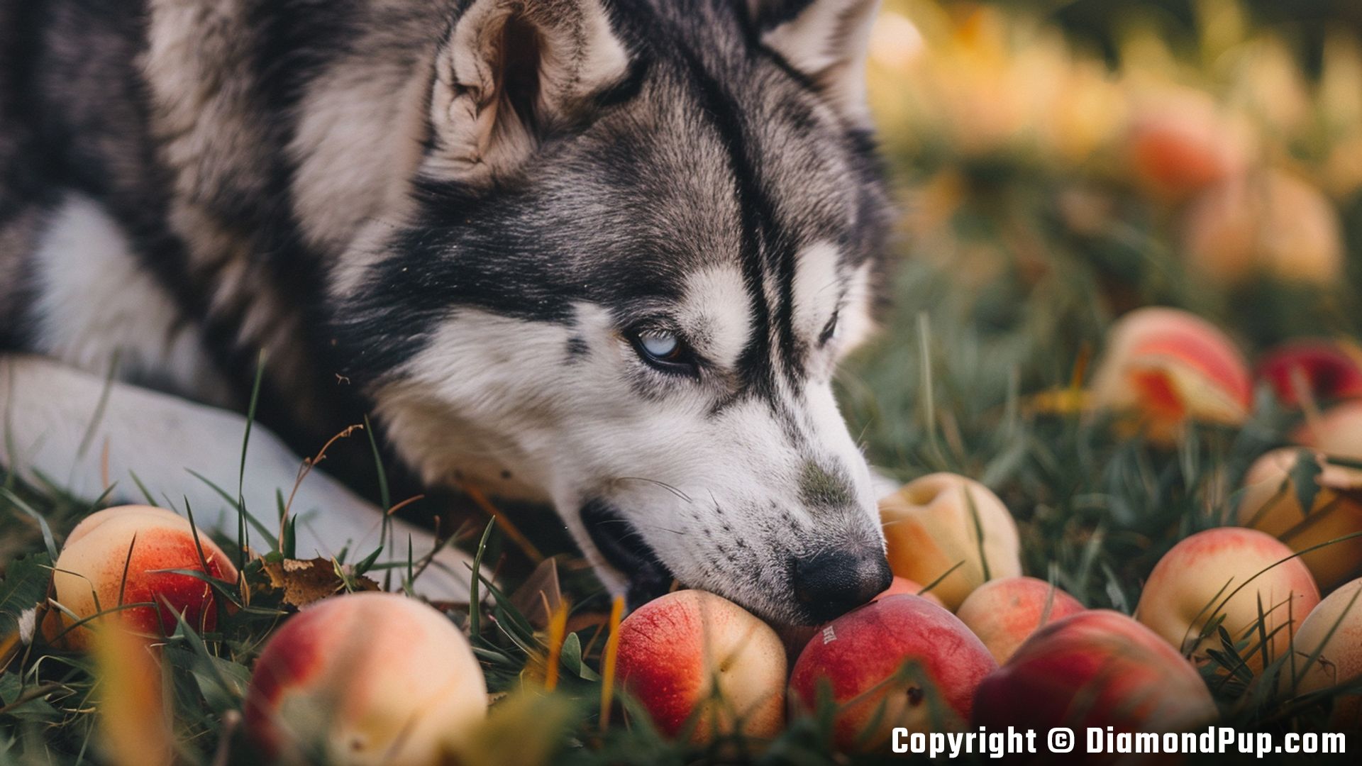 Picture of a Happy Husky Eating Peaches