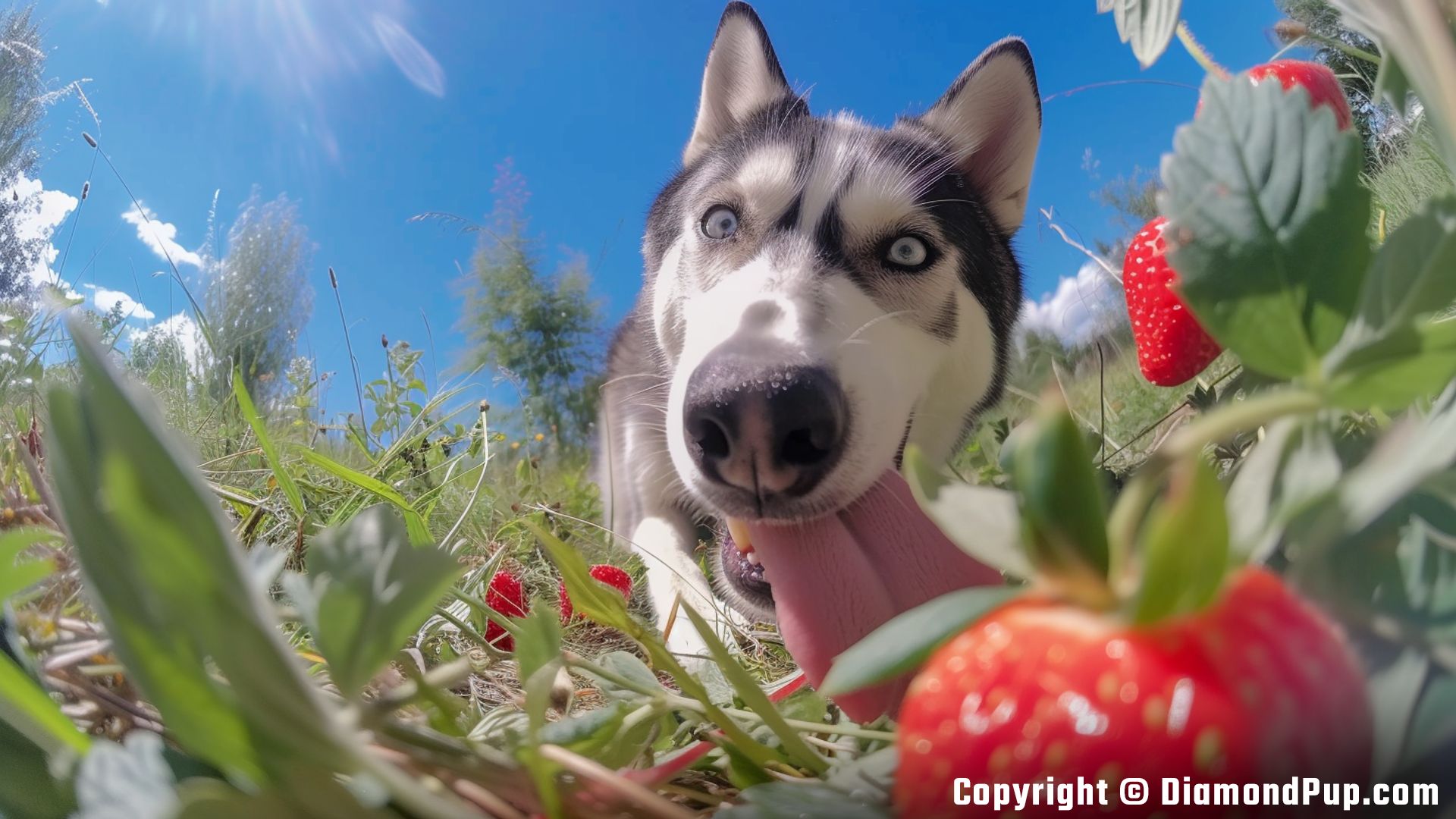 Picture of a Happy Husky Eating Strawberries