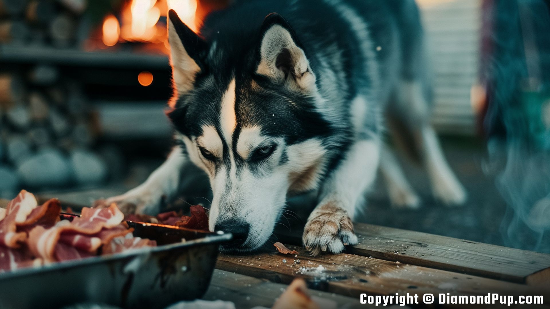 Picture of a Happy Husky Snacking on Bacon