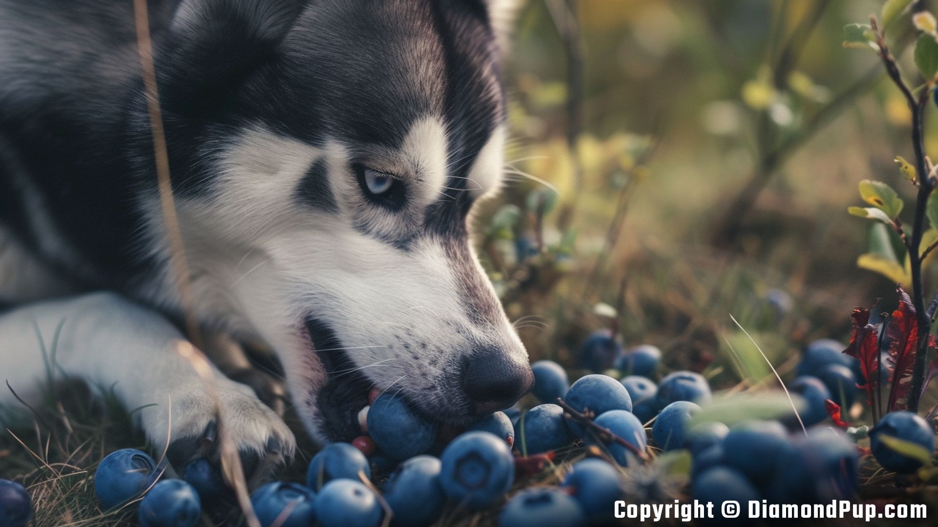 Picture of a Happy Husky Snacking on Blueberries