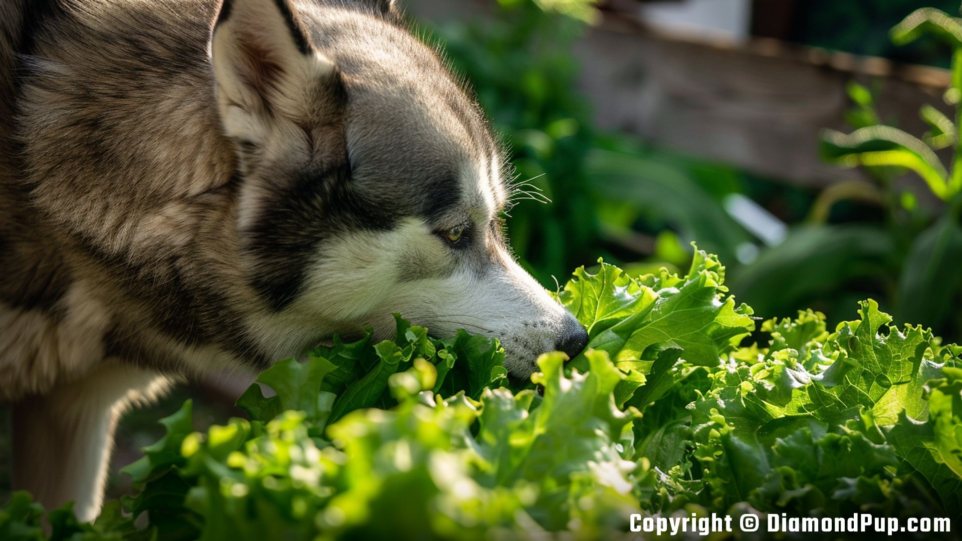 Picture of a Happy Husky Snacking on Lettuce