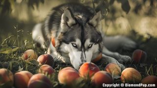 Picture of a Happy Husky Snacking on Peaches