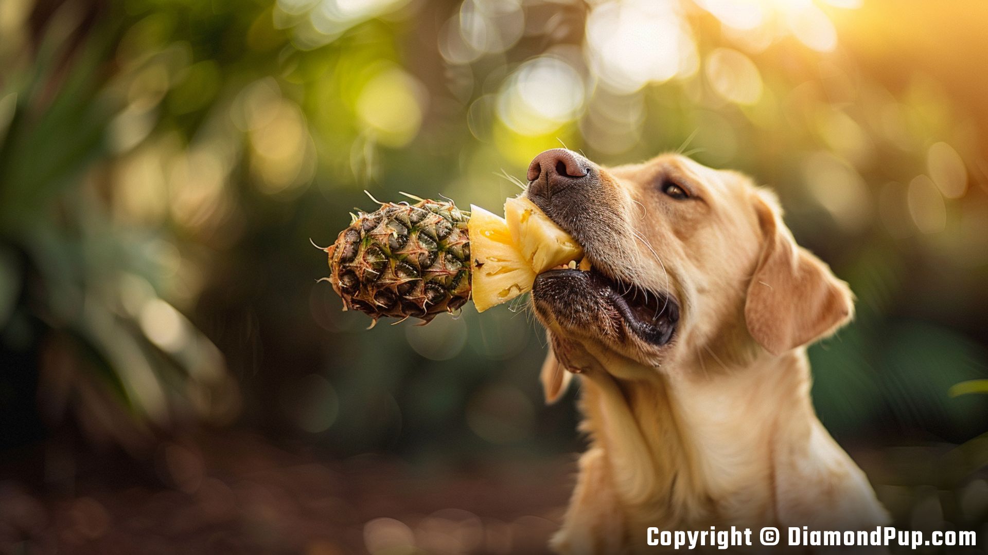 Picture of a Happy Labrador Eating Pineapple
