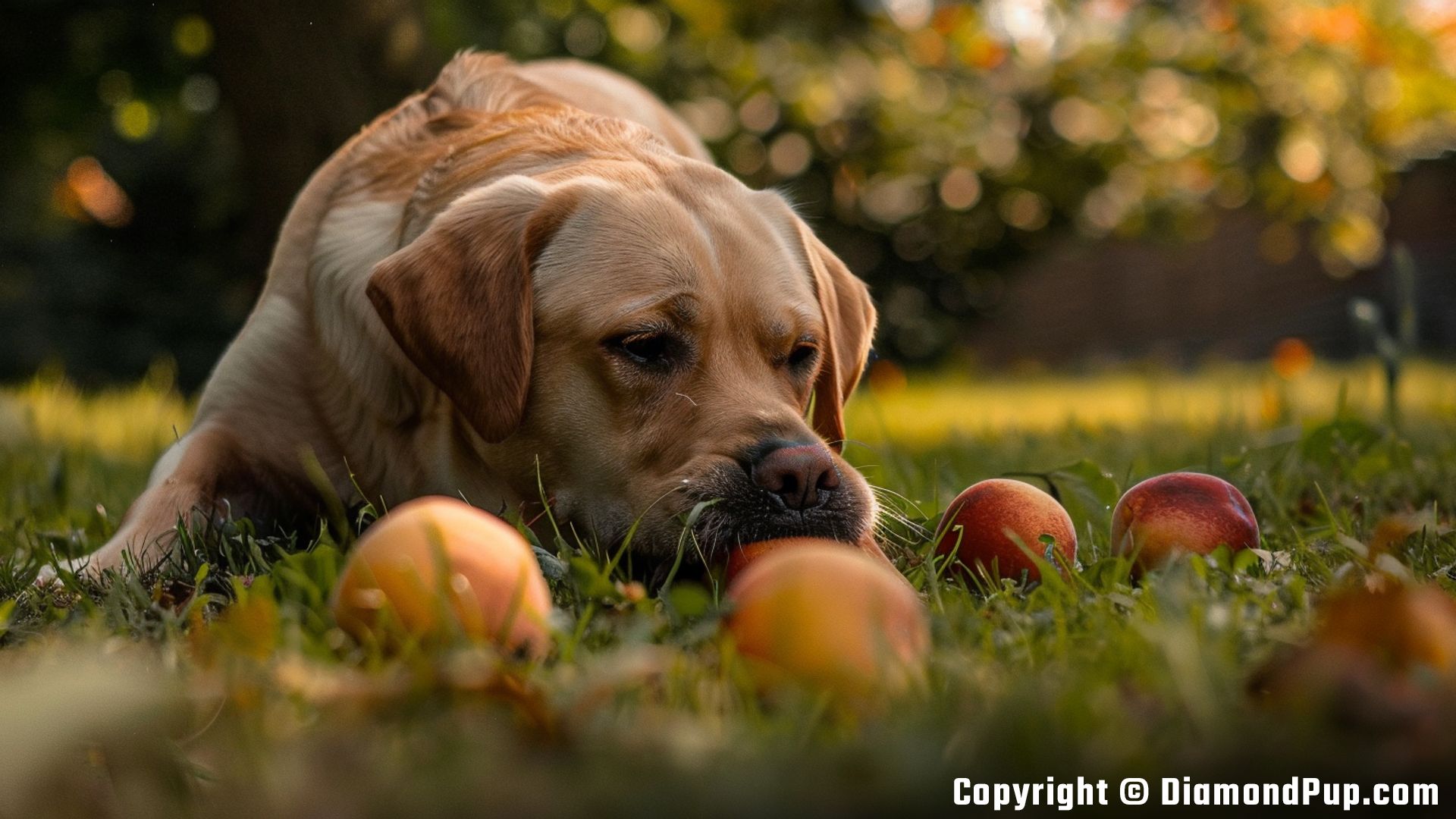 Picture of a Happy Labrador Snacking on Peaches