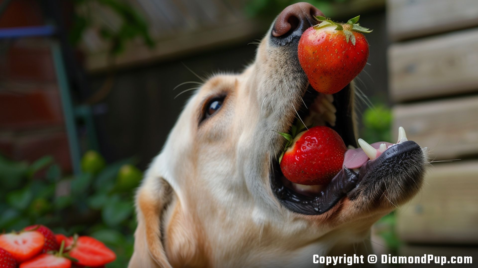 Picture of a Happy Labrador Snacking on Strawberries