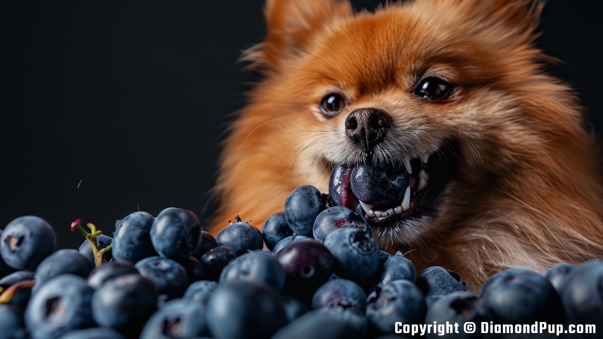 Picture of a Happy Pomeranian Eating Blueberries