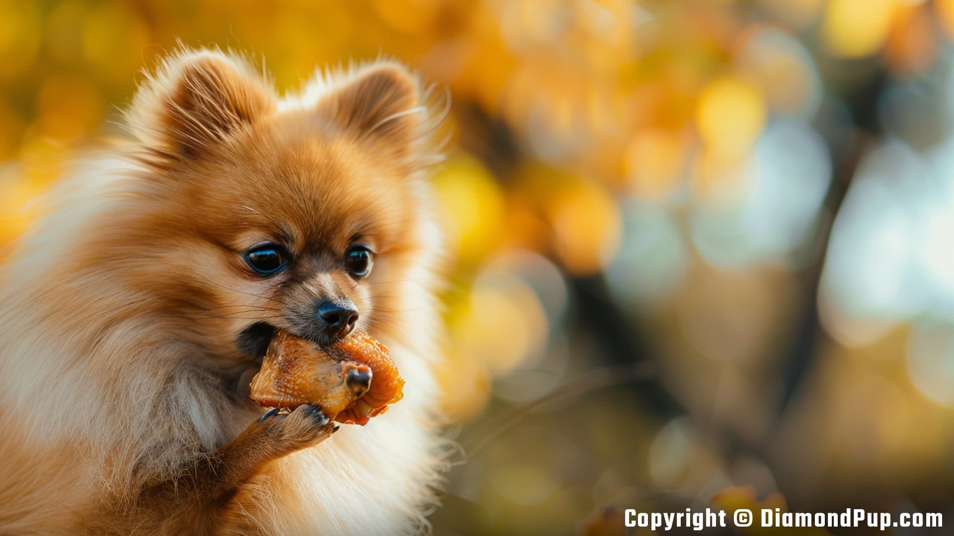 Picture of a Happy Pomeranian Eating Chicken